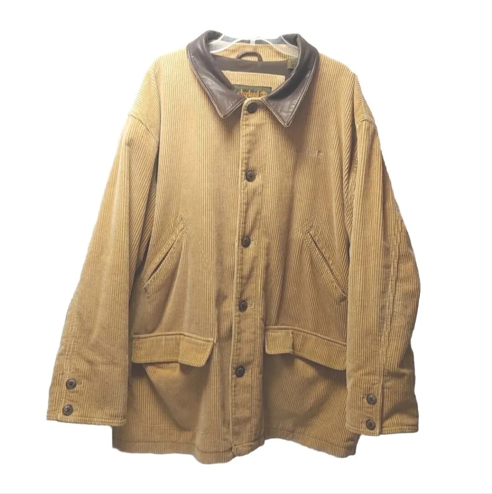 Y2k Timberland Weathergear Corduroy Barn Chore Cargo Coat Leather Collar Men XL